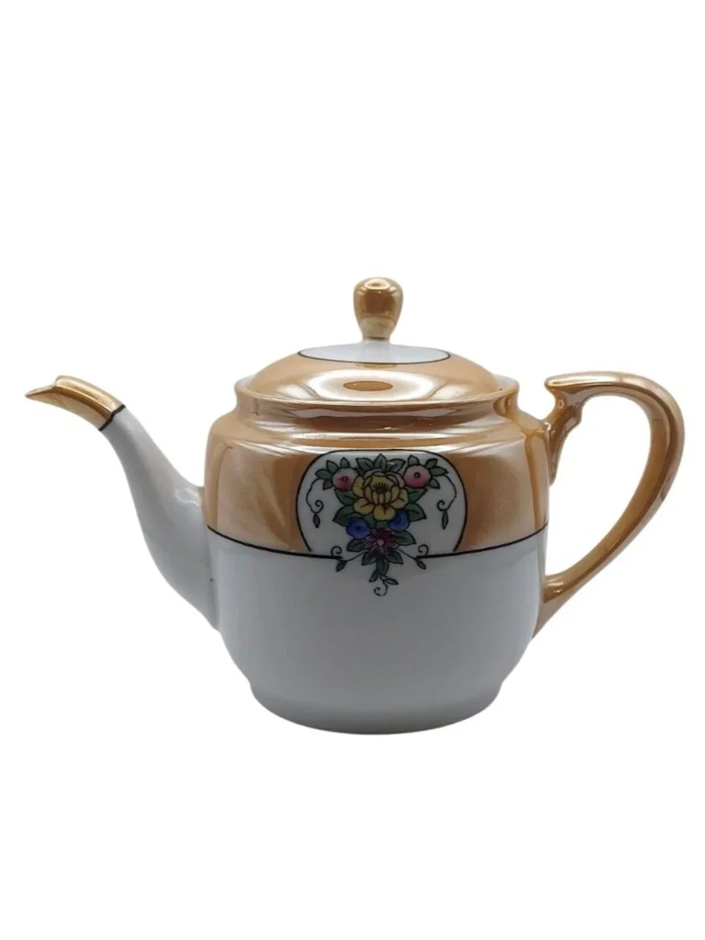 Noritake Morimura Peach Lusterware Hand Painted Floral Porcelain Teapot Vintage